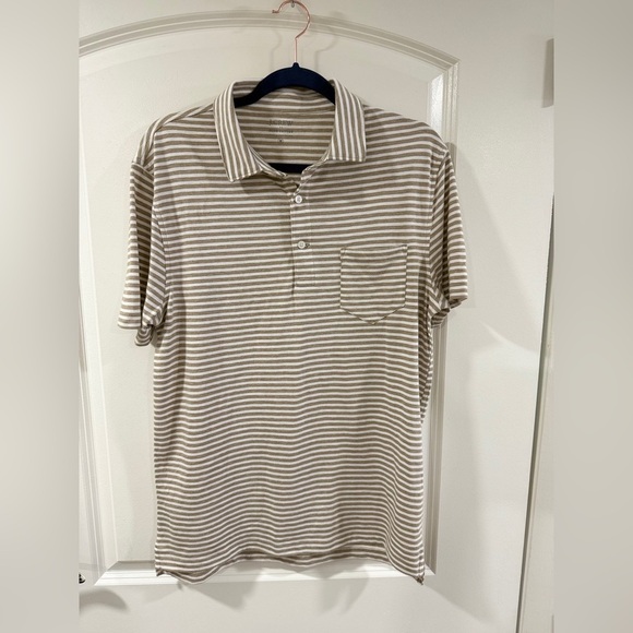 J.Crew Factory Men Polo Shirt M NWT Striped Slub Cotton Beige Tan Pocket Casual - Picture 3 of 9